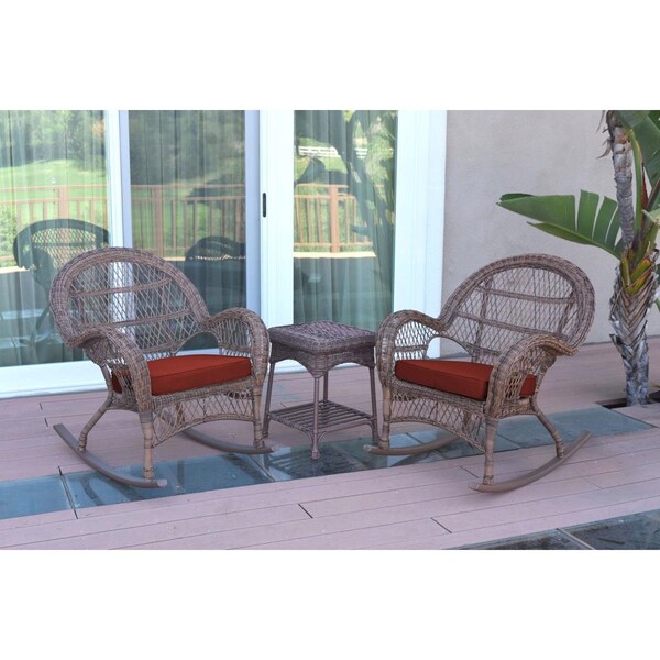 Propation W00210-2-RCES018 3 Piece Santa Maria Honey Rocker Wicker Chair Set; Brick Red Cushion PR1081405 - main